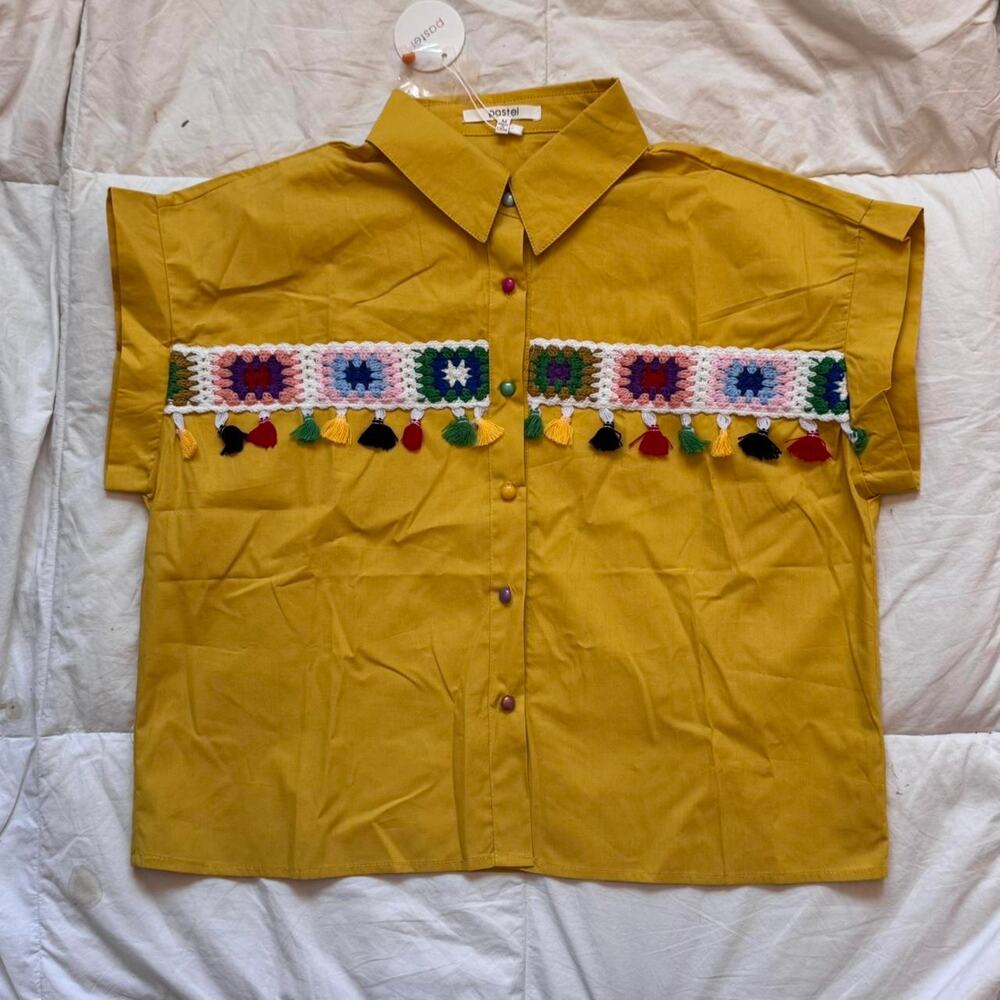 Pastel Crochet patchwork button up shirt M tassel collared academia artsy boho